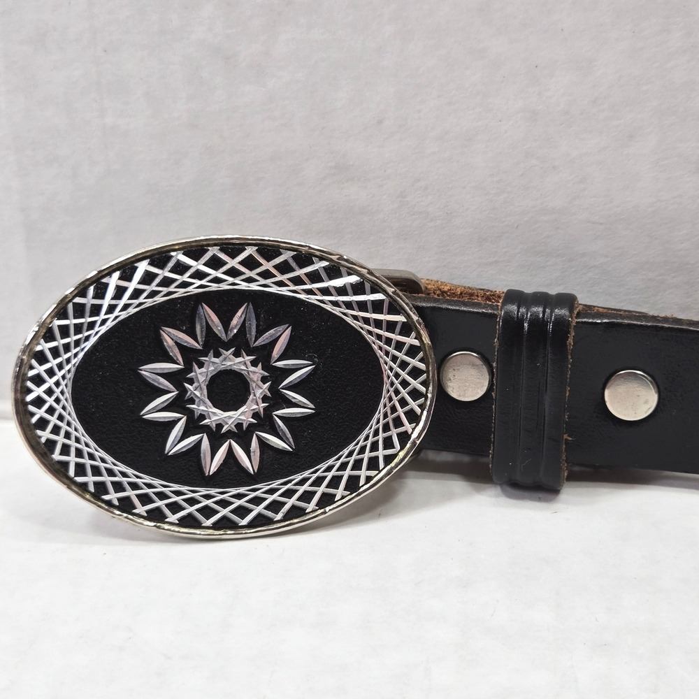 Looper 36 Black Tooled Leather Western Belt Silver Tone Oval Buckle 1540